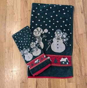 Vintage Bath Towel Set Cecil Saydah Snowmen Christmas Holiday Cotton Soft
